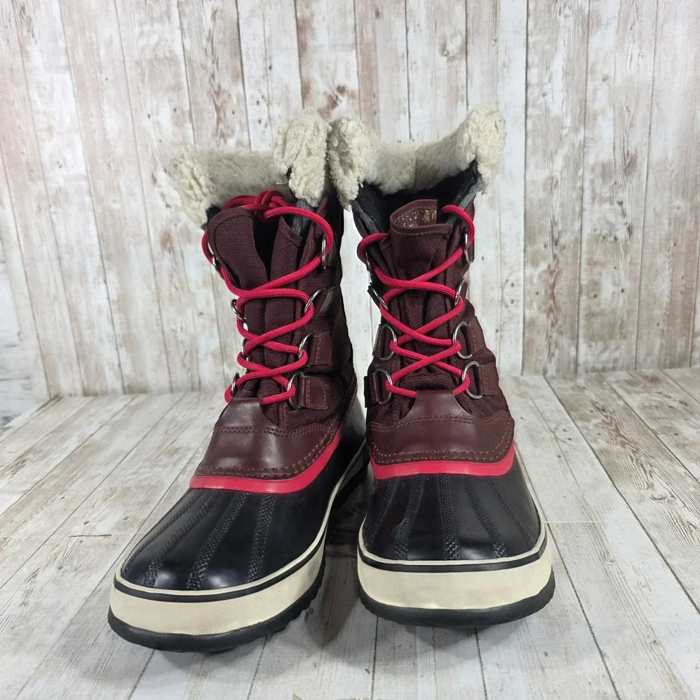 Sorel Waterproof Winter Boots Burgundy Faux Fur Lined Lace Up Women Size 8‎